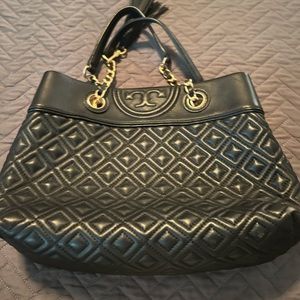 Tory Burch T Fleming Triple Tote Bag Black Quilted Leather Top Handle